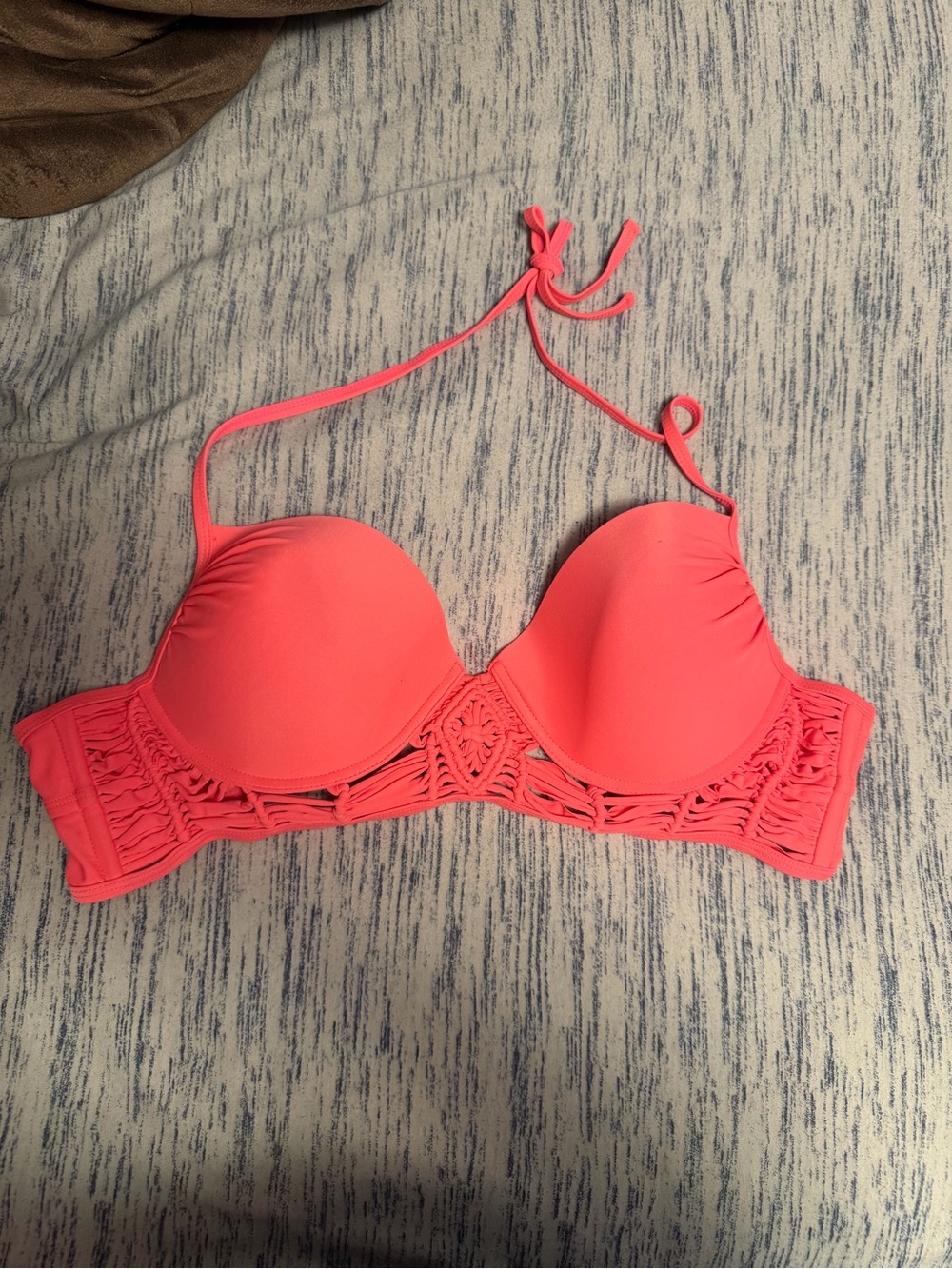 Neon Coral Crochet-Detail Bikini Top